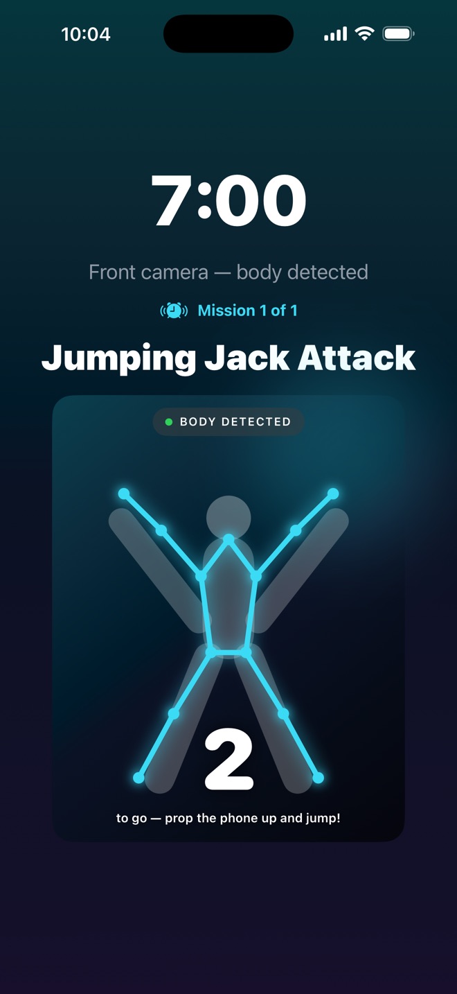 AlarmPop Jumping Jack Attack mission counting reps with the front camera