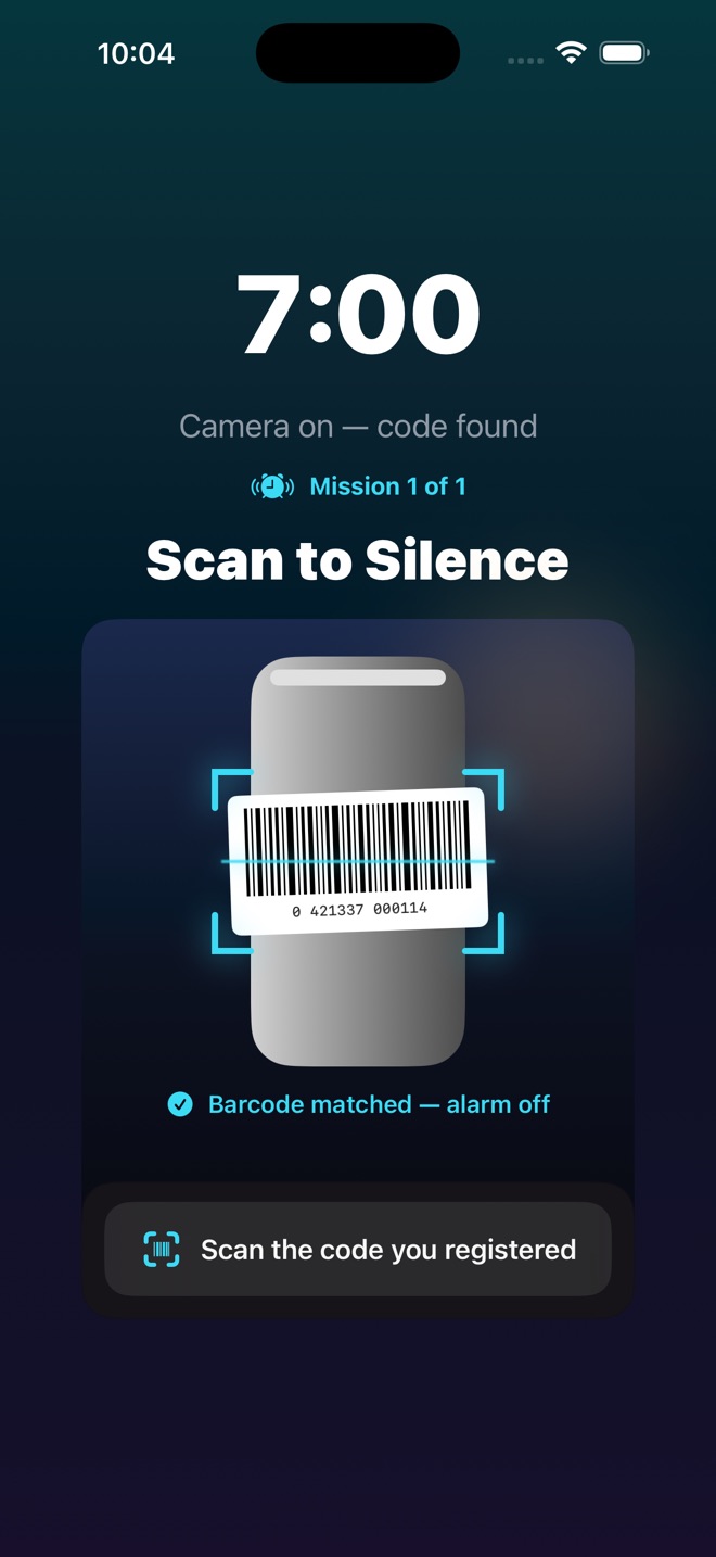 AlarmPop Scan to Silence mission locking onto a registered barcode with the camera