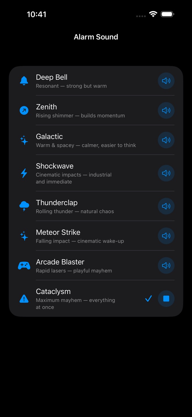 AlarmPop sound picker showing the intensity range from calm tones to Cataclysm